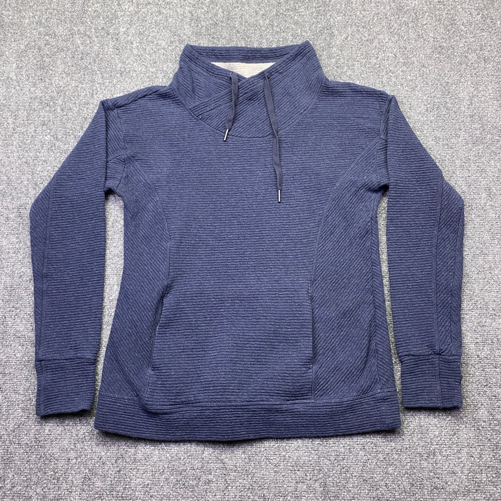 Navy Blue Ribbed Funnel Neck Pullover Sweatshirt with Thumbholes‎ 7999985